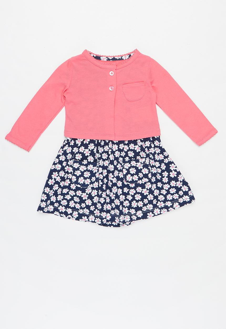 Pop Candy - Girls printed dress & cardigan set - navy & pink