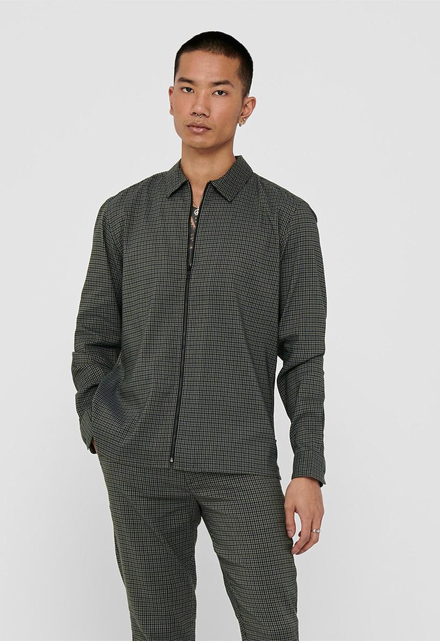 Only & Sons - Elyas long sleeve checked stretch zip - olive