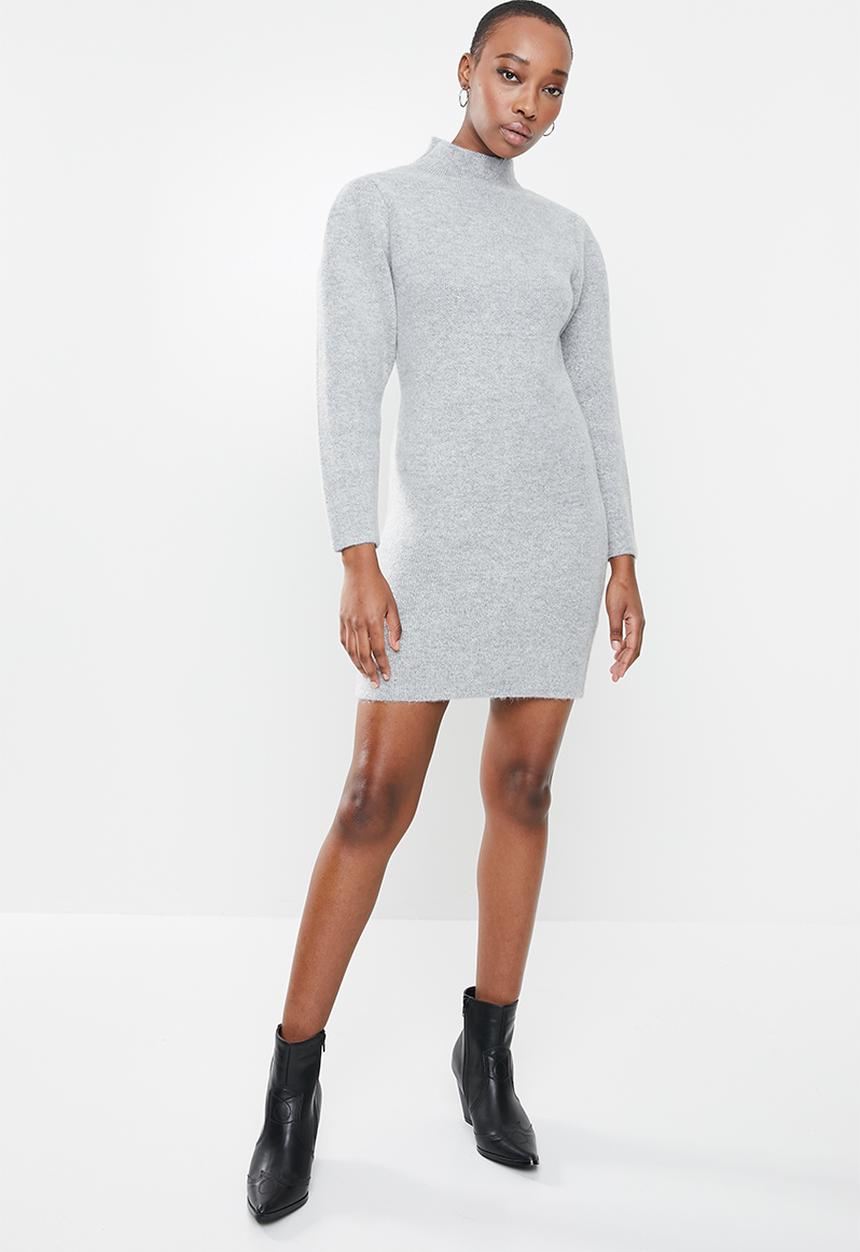 Missguided - High neck marl pleat sleeve mini dress - grey