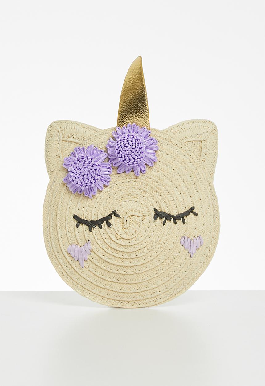 Cotton On - Raffia unicorn jayme critter bag - neutral & purple 