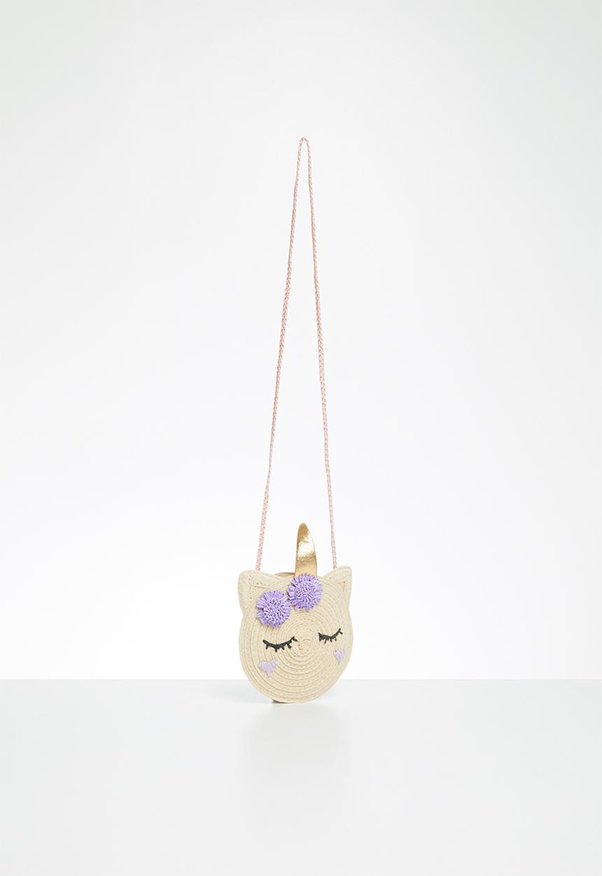 Cotton On - Raffia unicorn jayme critter bag - neutral & purple 