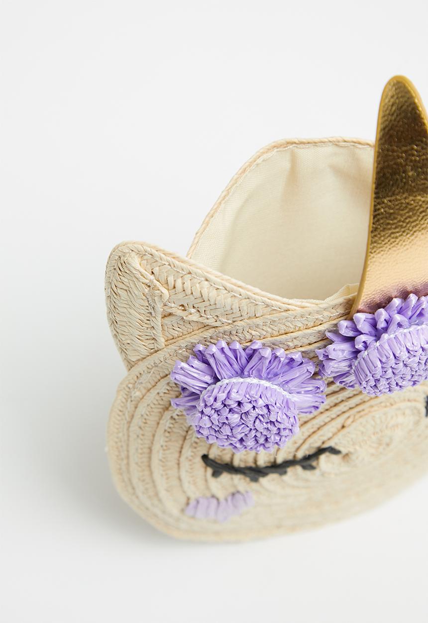 Cotton On - Raffia unicorn jayme critter bag - neutral & purple 