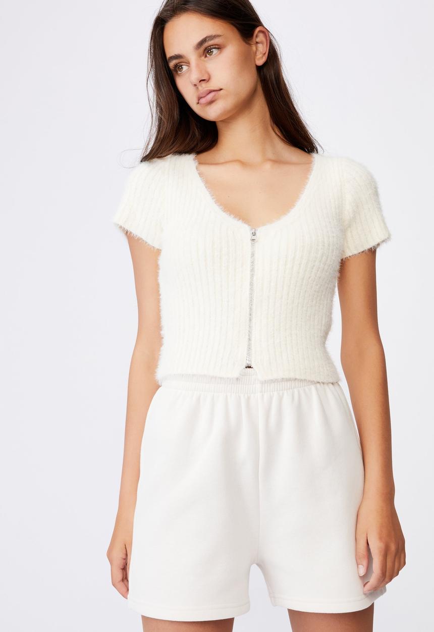 Factorie - Fluffy knit short sleeve zip cardi - ivory
