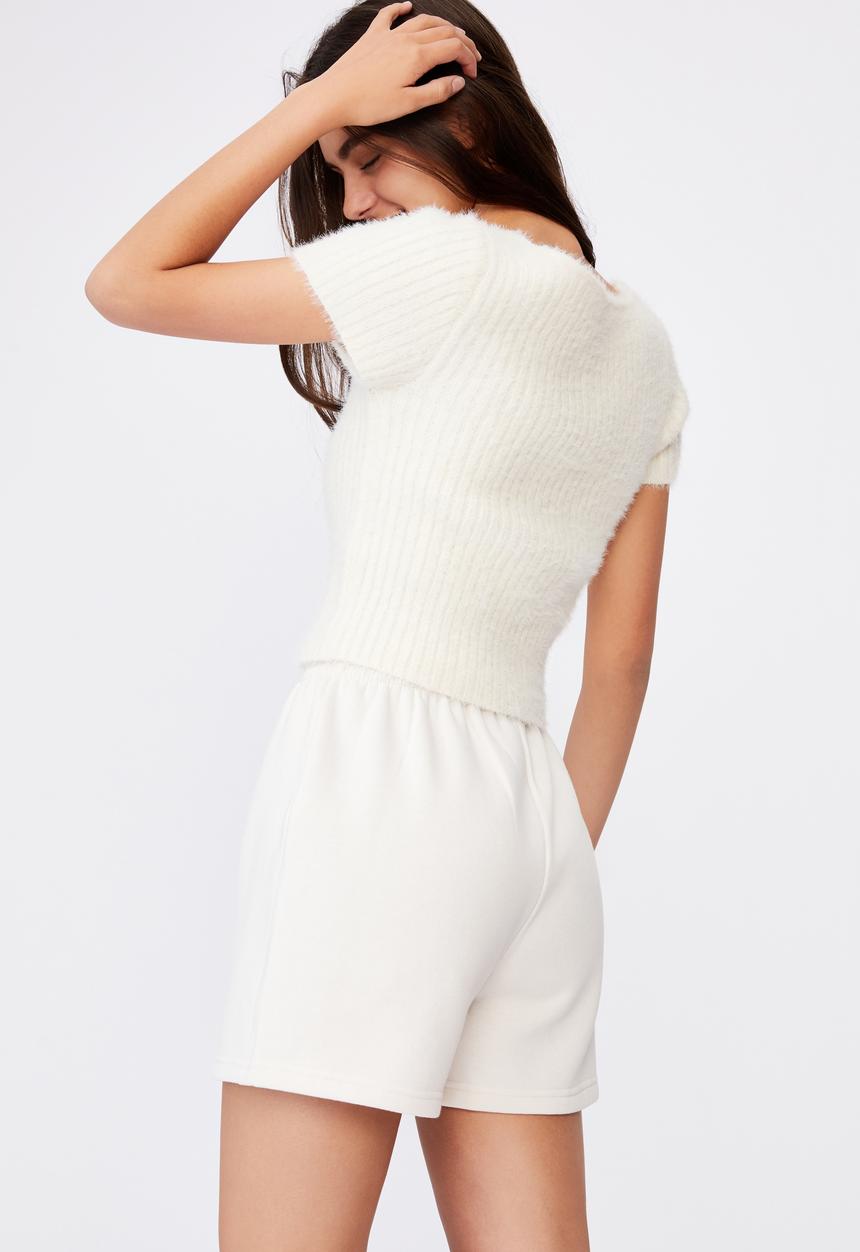 Factorie - Fluffy knit short sleeve zip cardi - ivory
