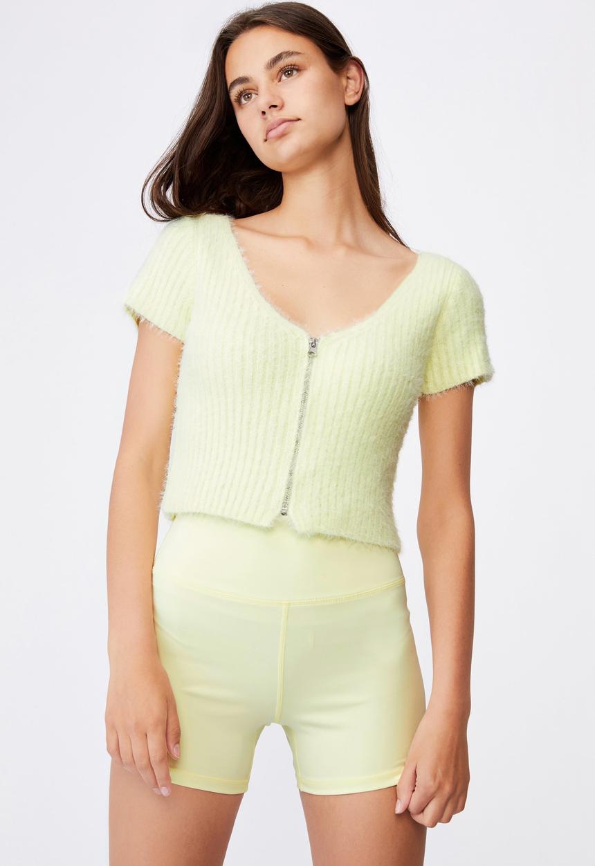 Factorie - Fluffy knit short sleeve zip cardi - lime cream