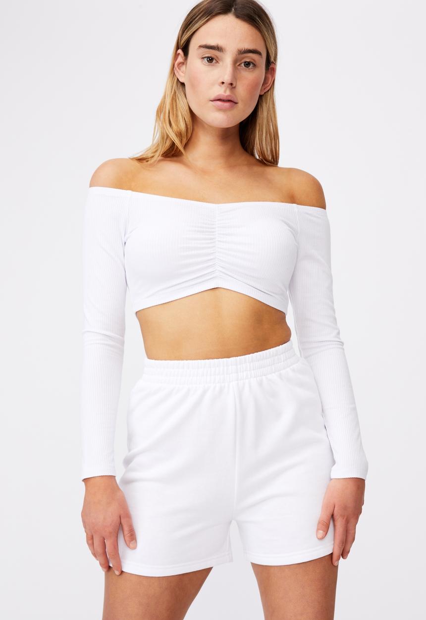 Factorie - Long sleeve ruched front off shoulder top - white