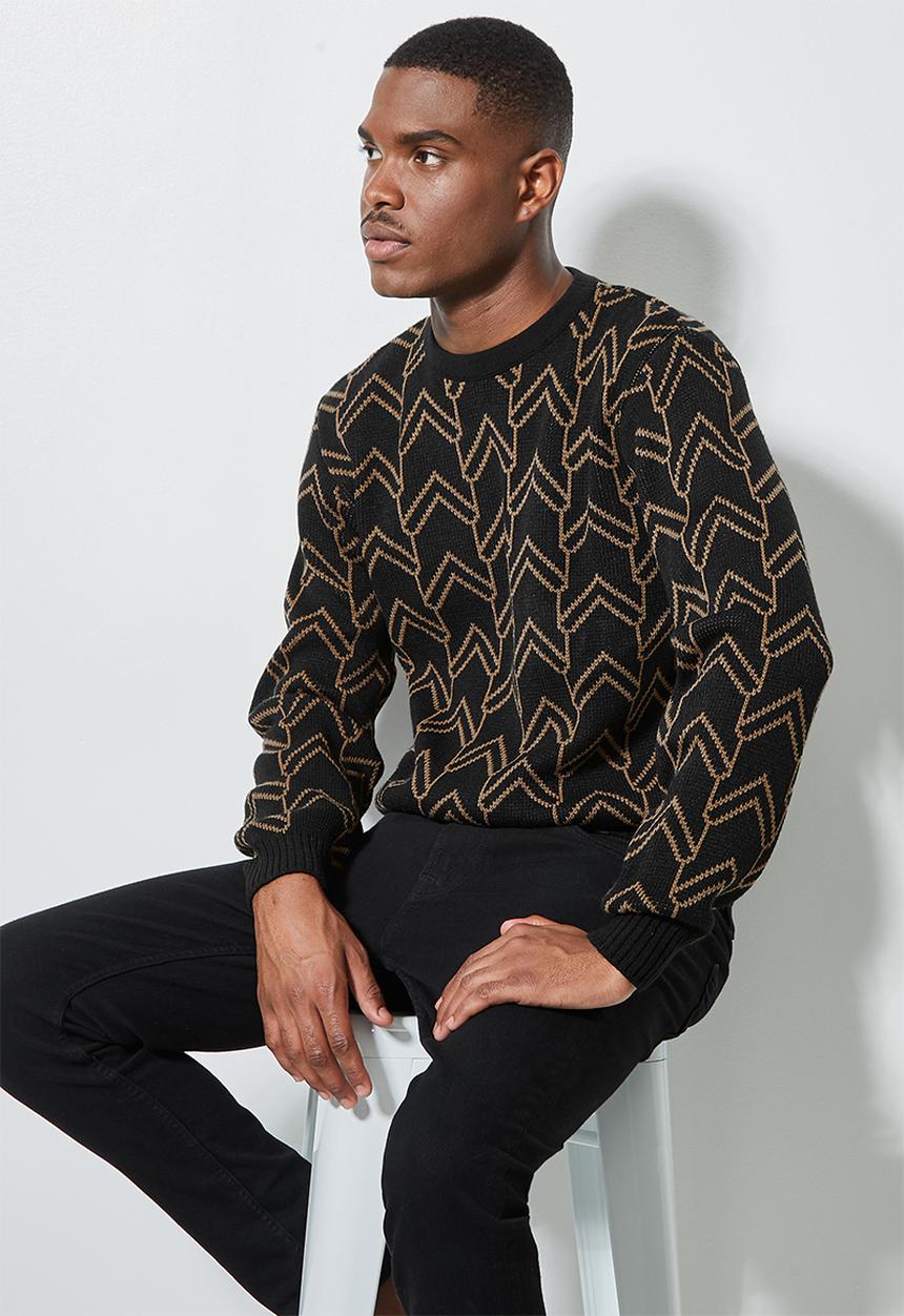 Superbalist - Geo pattern crew knit - black & taupe