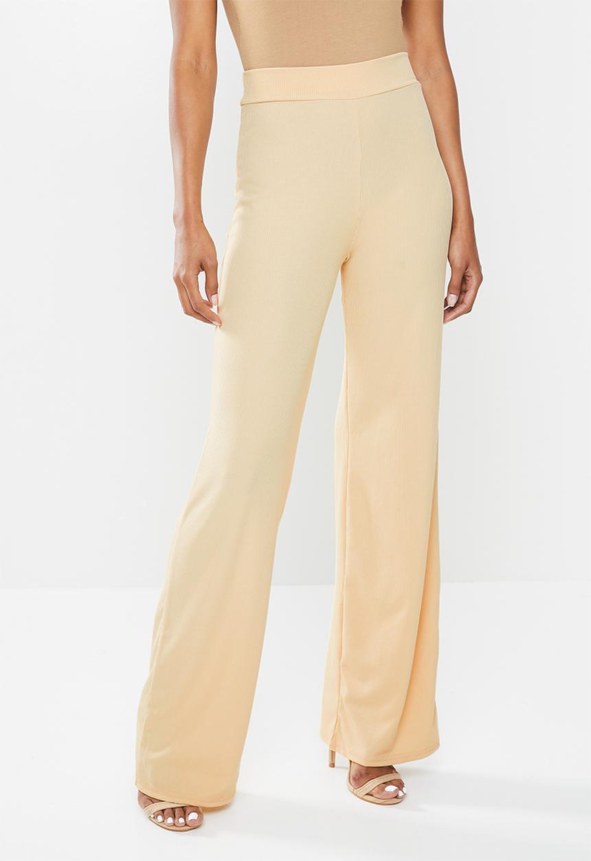 Missguided - Petite ribbed wide leg trouser - beige