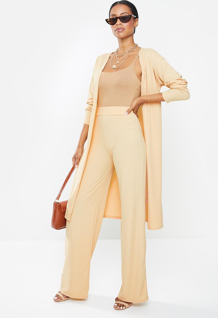 Missguided - Petite ribbed wide leg trouser - beige