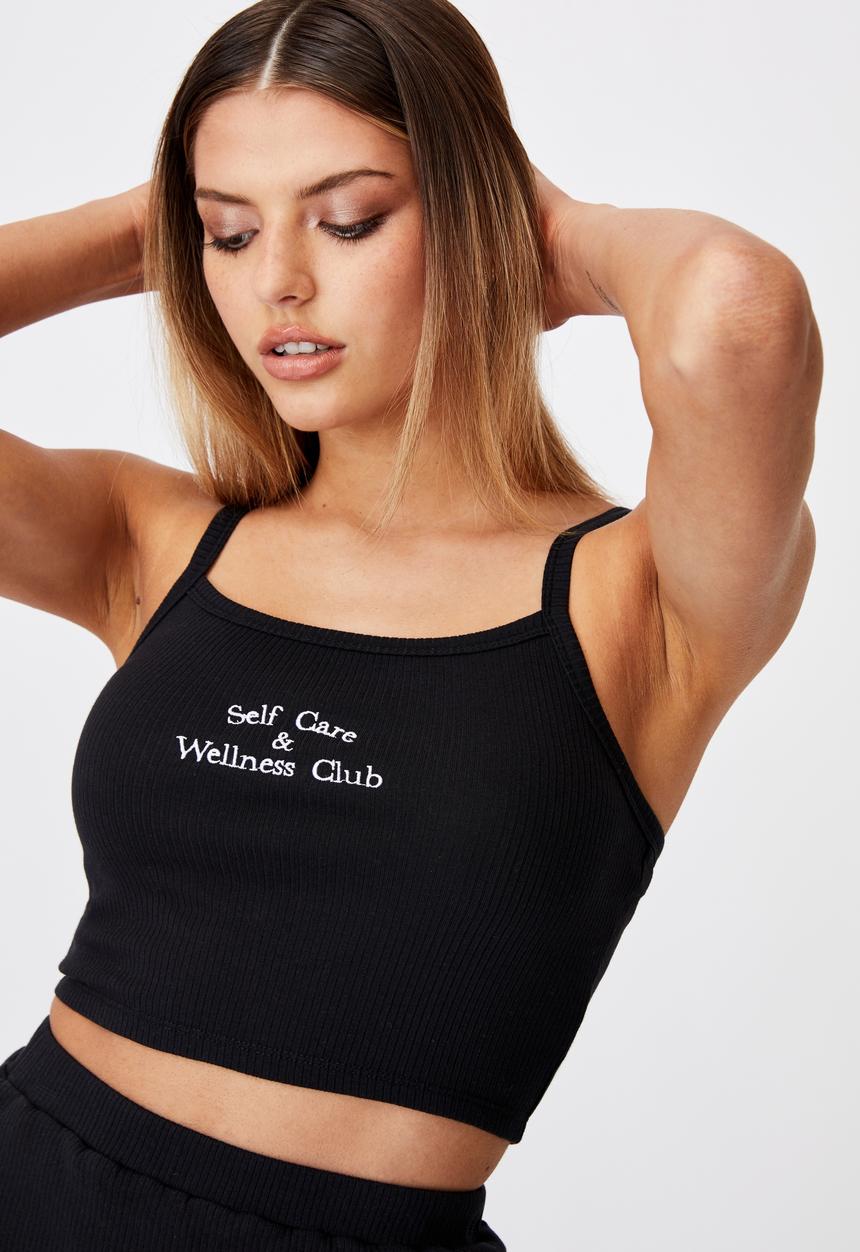 Factorie - Square neck embroidered crop cami - black