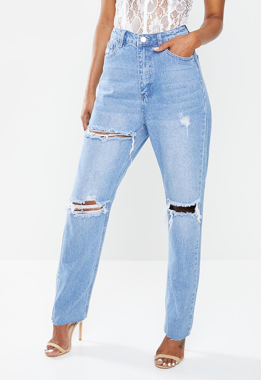 Missguided - Petite wrath slash rip straight leg jean - light blue