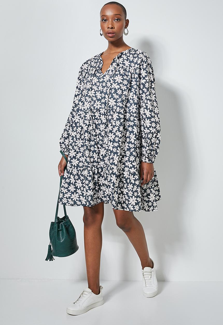 Superbalist - Volume tiered dress - navy & white 