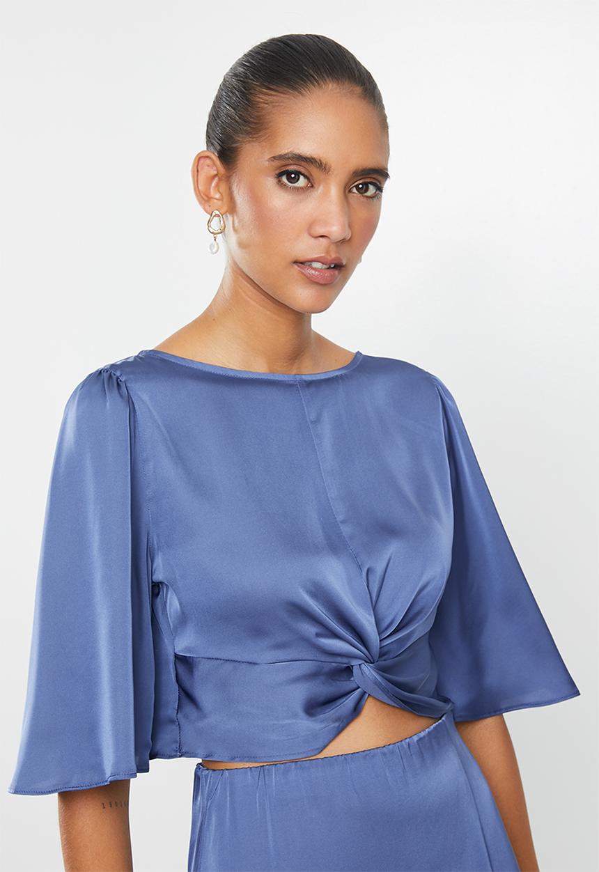 MILLA - Satin twist front angel sleeve top - blue