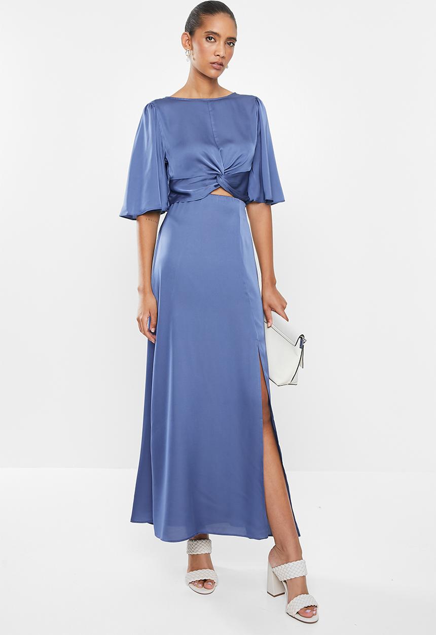 MILLA - Satin twist front angel sleeve top - blue