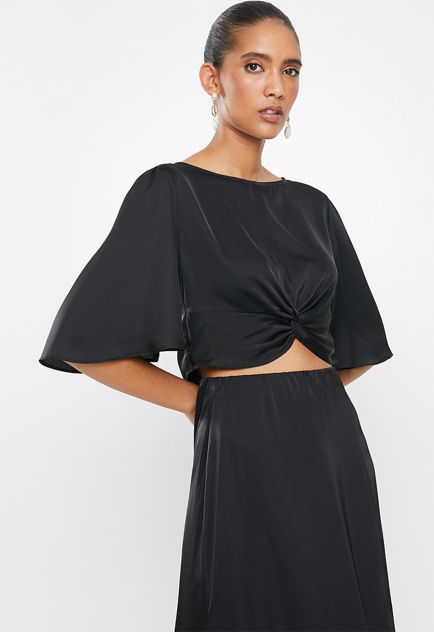 MILLA - Satin twist front angel sleeve top - black