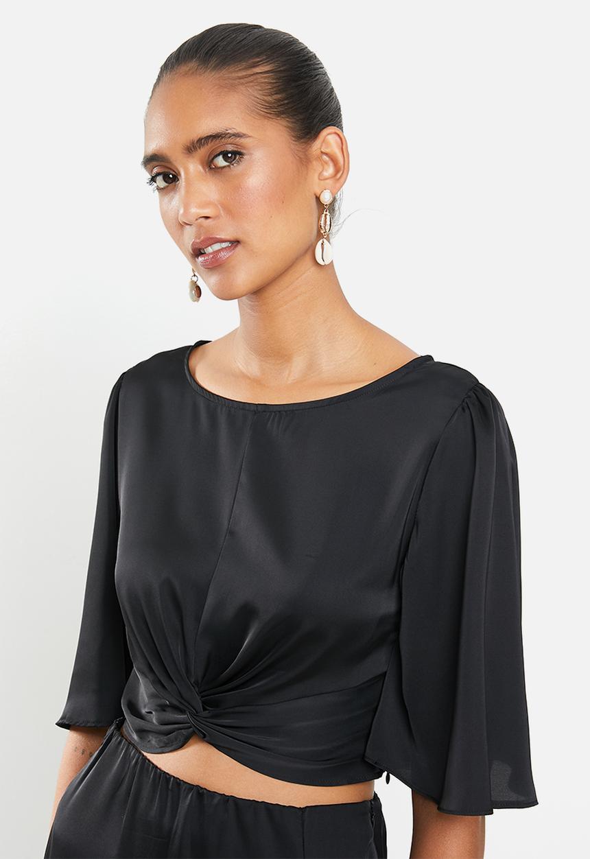 MILLA - Satin twist front angel sleeve top - black