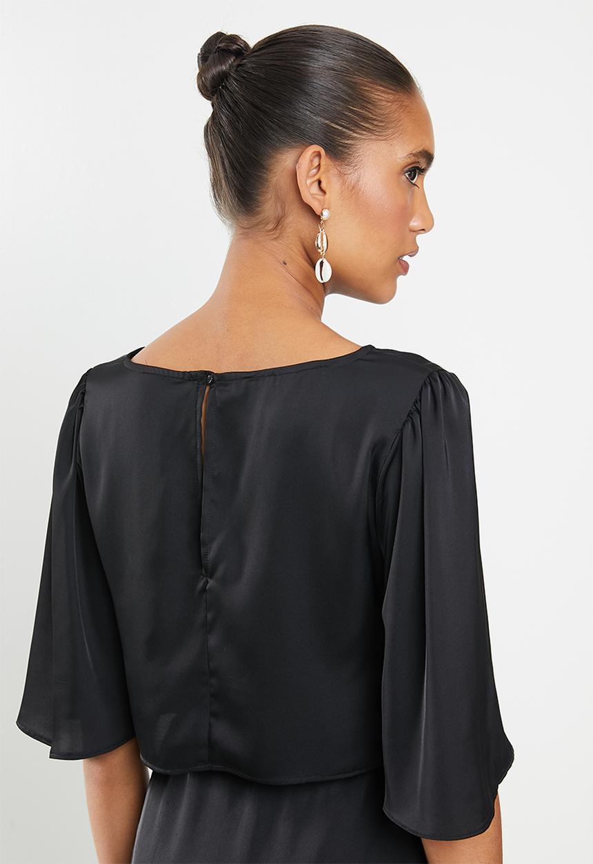 MILLA - Satin twist front angel sleeve top - black