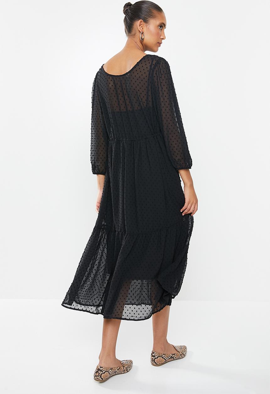 MILLA - Dobby voluminous midi dress with drawstring - black
