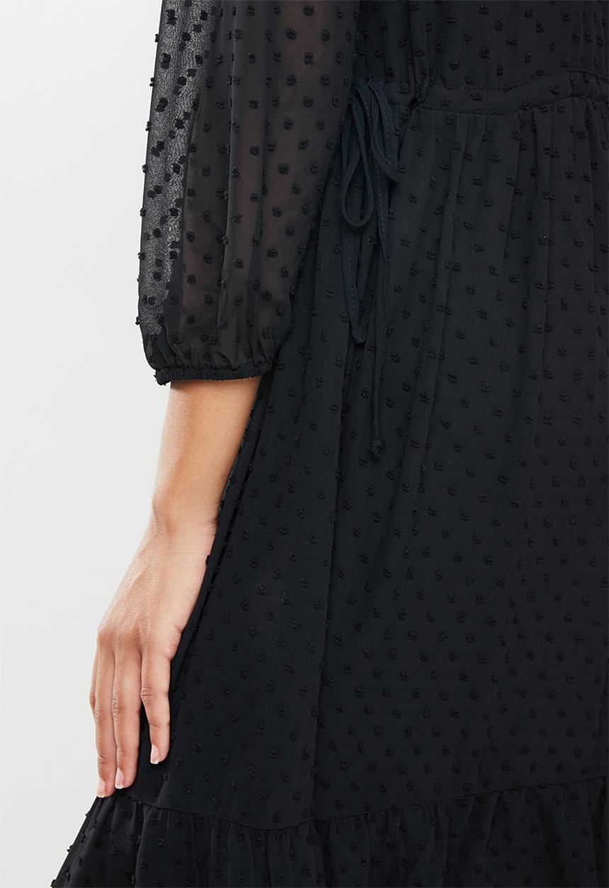MILLA - Dobby voluminous midi dress with drawstring - black