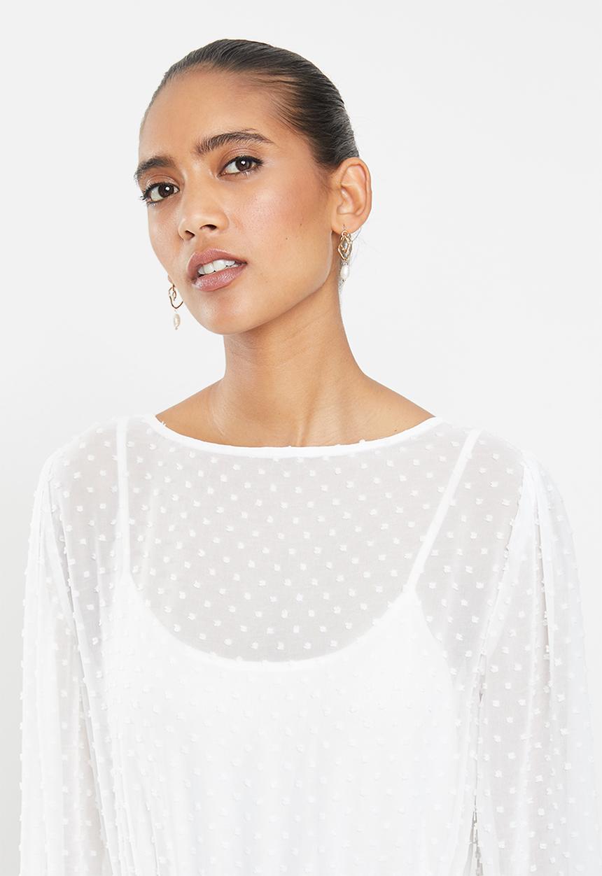 MILLA - Dobby voluminous midi dress with drawstring - white 