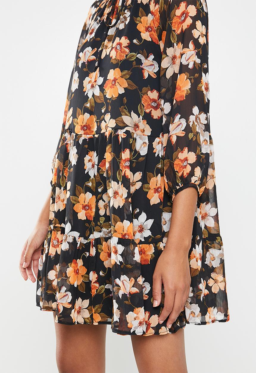 MILLA - Pie crust mini tiered dress - black & orange 