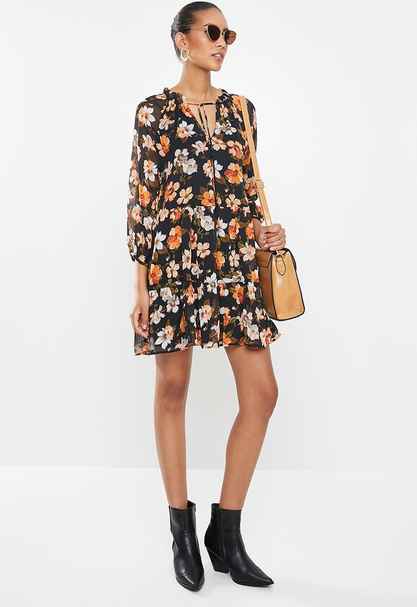 MILLA - Pie crust mini tiered dress - black & orange 