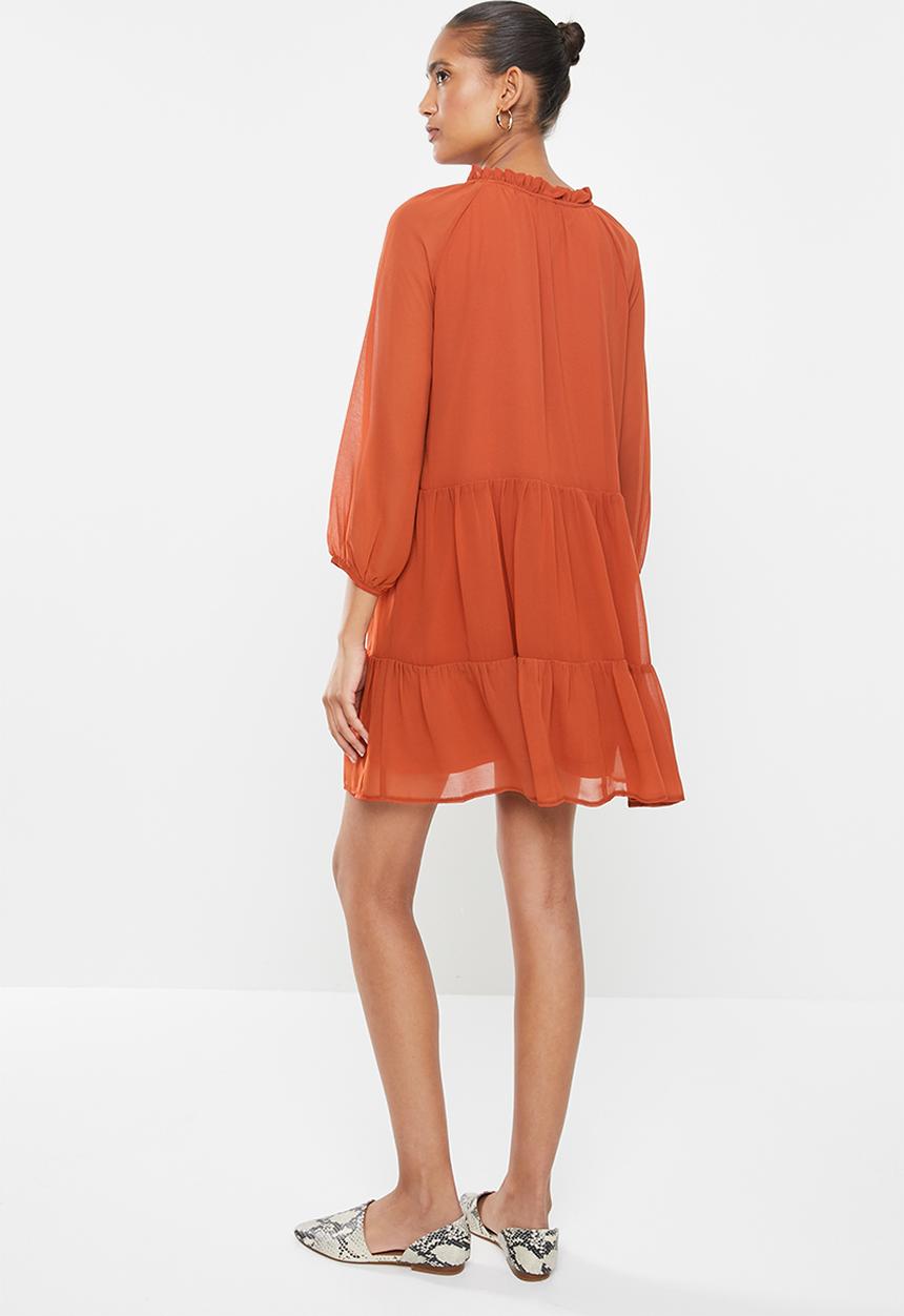 MILLA - Pie crust mini tiered dress - rust 
