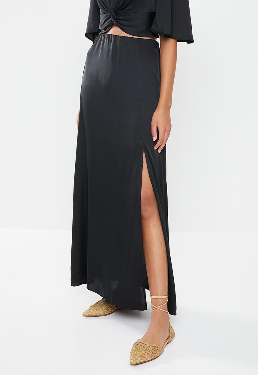 MILLA - Satin bias cut midi skirt with slit - black