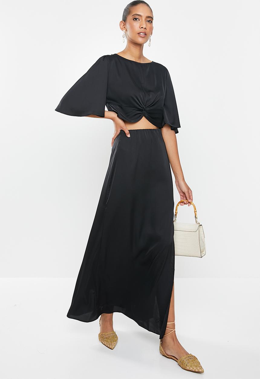 MILLA - Satin bias cut midi skirt with slit - black