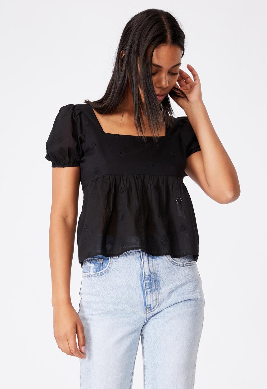 Cotton On - Maggie tie back babydoll blouse - black
