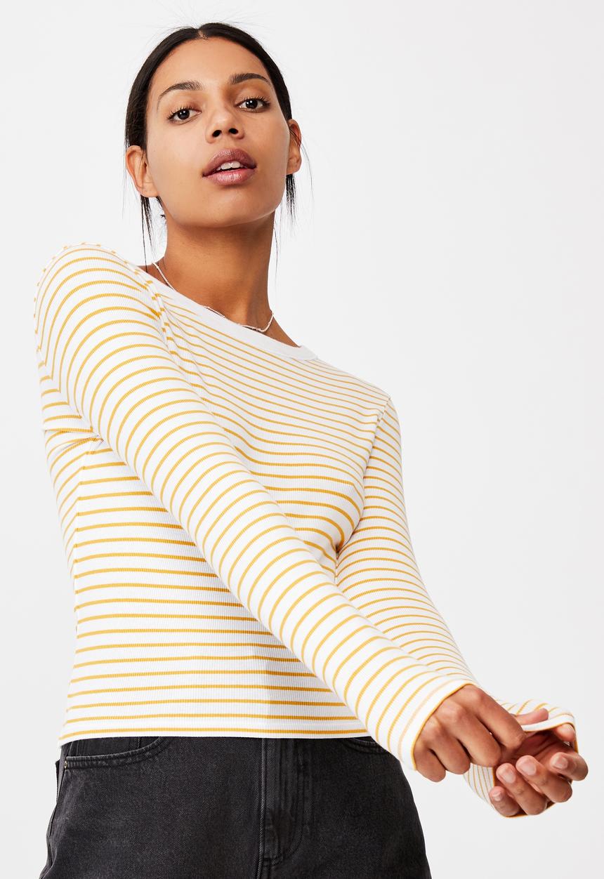 Cotton On - The turn back long sleeve top - miki stripe white/ dark cali yellow