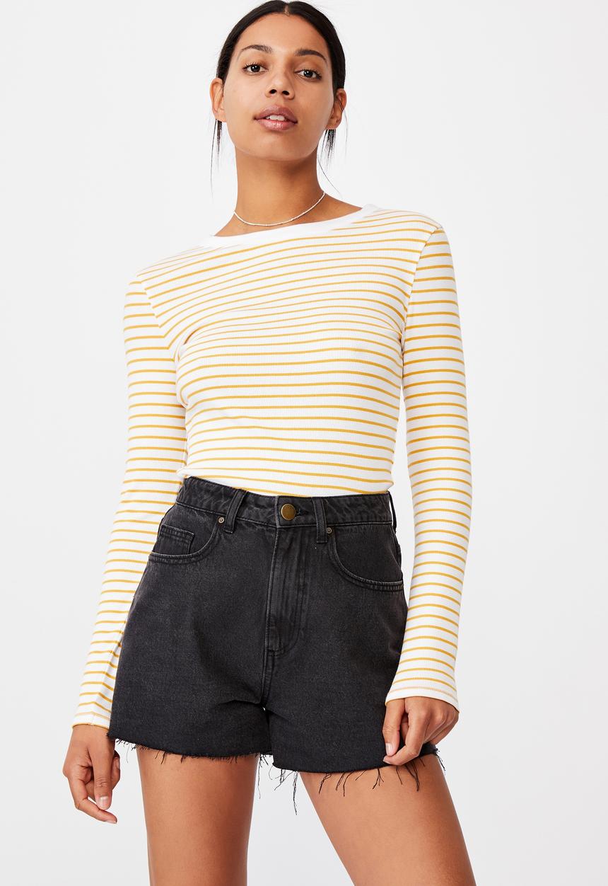 Cotton On - The turn back long sleeve top - miki stripe white/ dark cali yellow