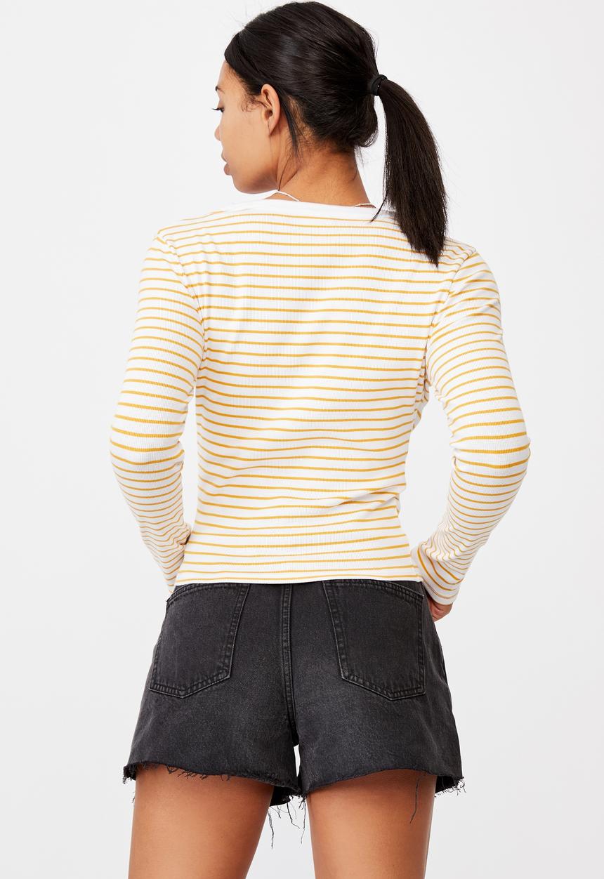 Cotton On - The turn back long sleeve top - miki stripe white/ dark cali yellow