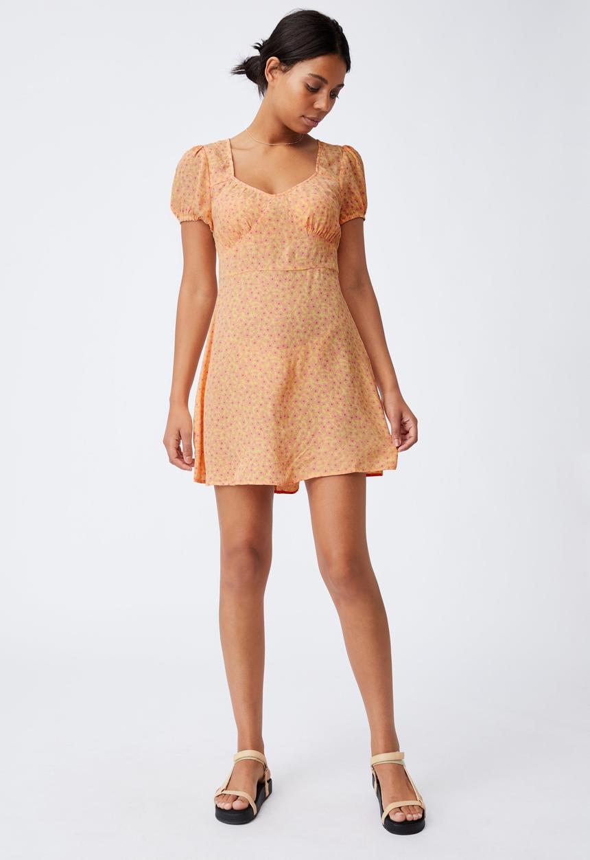 Cotton On - Woven essential tie back mini tea dress - sophie ditsy lemon mini