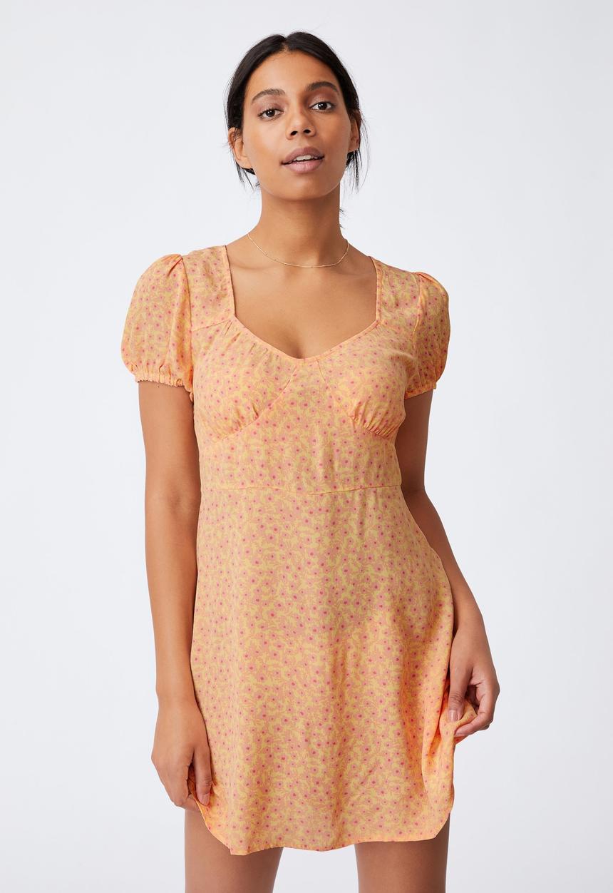 Cotton On - Woven essential tie back mini tea dress - sophie ditsy lemon mini