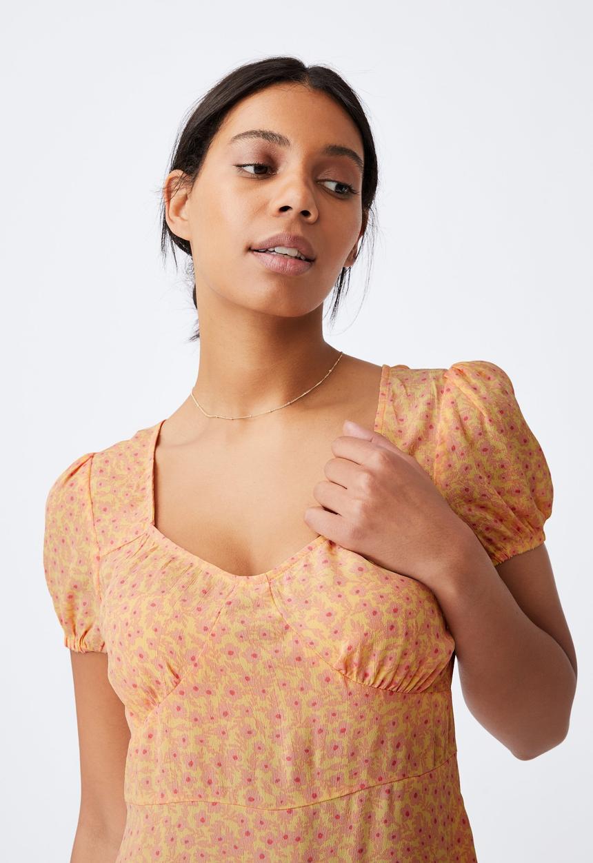 Cotton On - Woven essential tie back mini tea dress - sophie ditsy lemon mini
