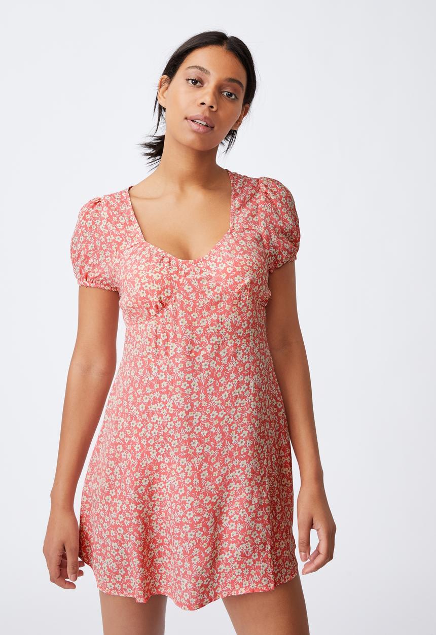 Cotton On - Woven essential tie back mini tea dress - sophie ditsy strawberry sorbet mini