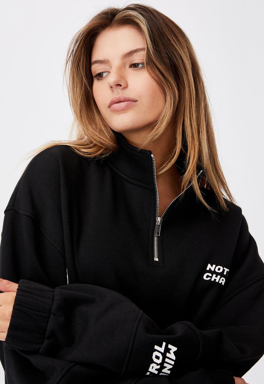 Factorie - Oversized qtr zip graphic crew - black