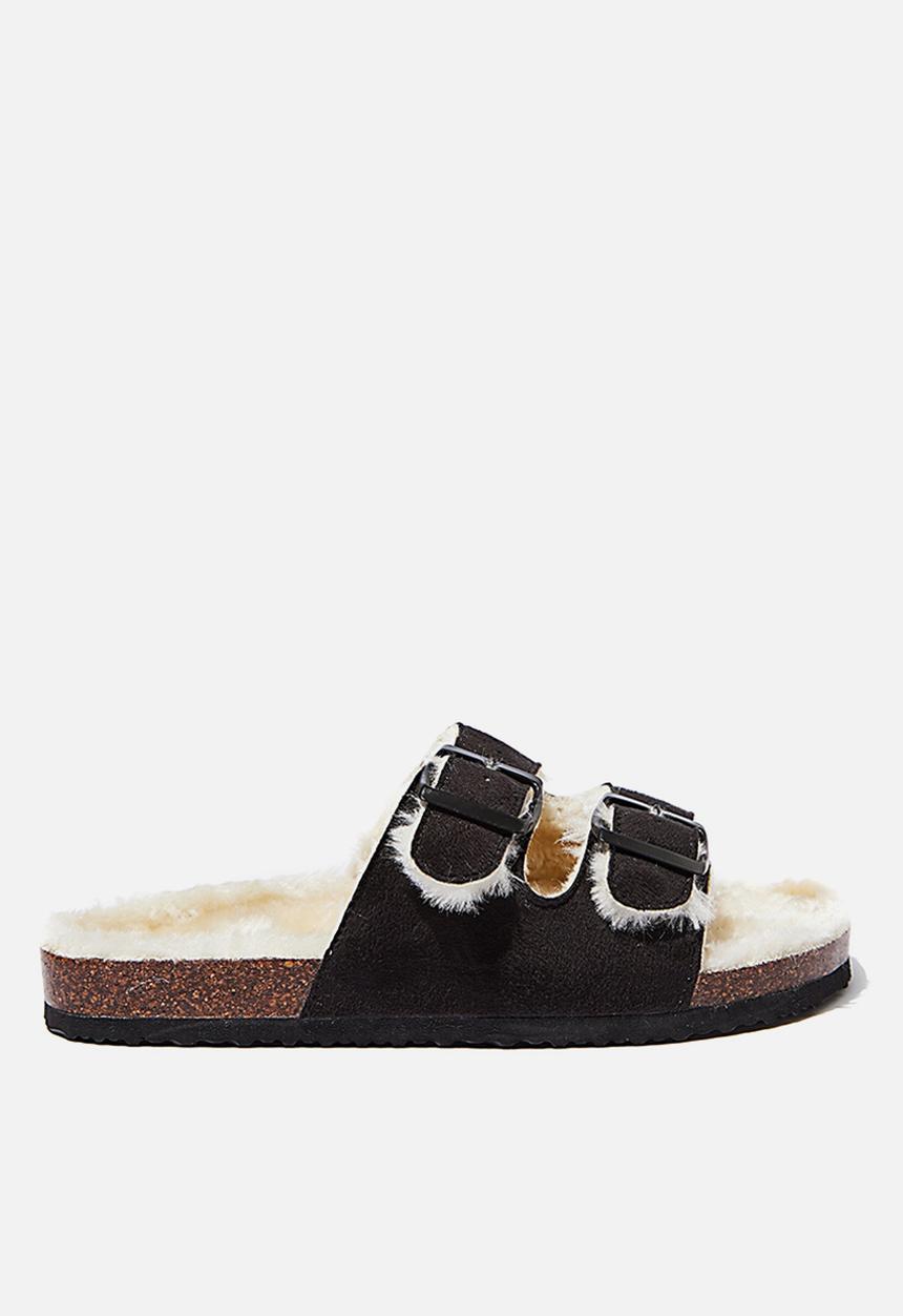 Cotton On - Rex faux fur double buckle slide - black & cream