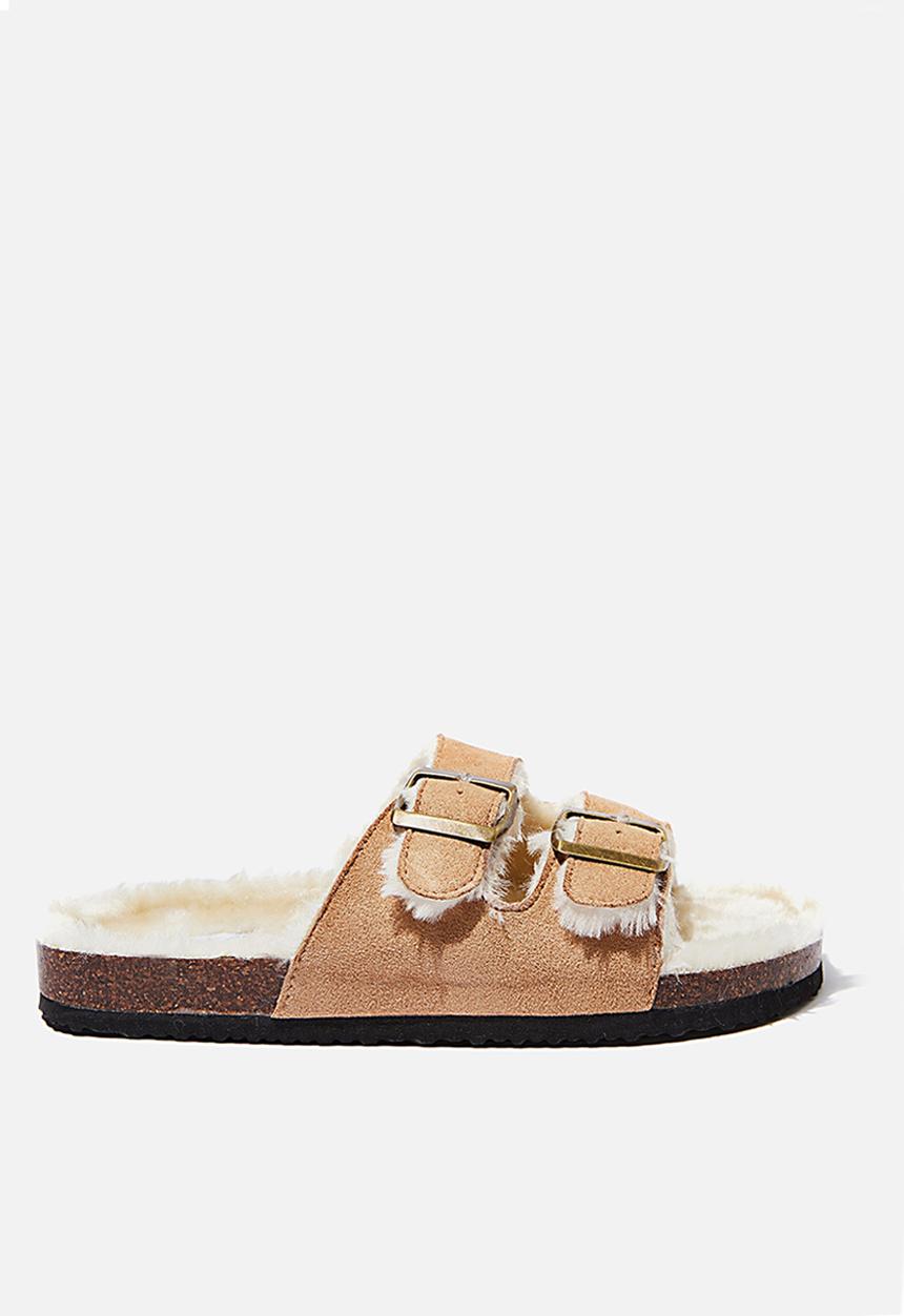 Cotton On - Rex faux fur double buckle slide - tan & cream