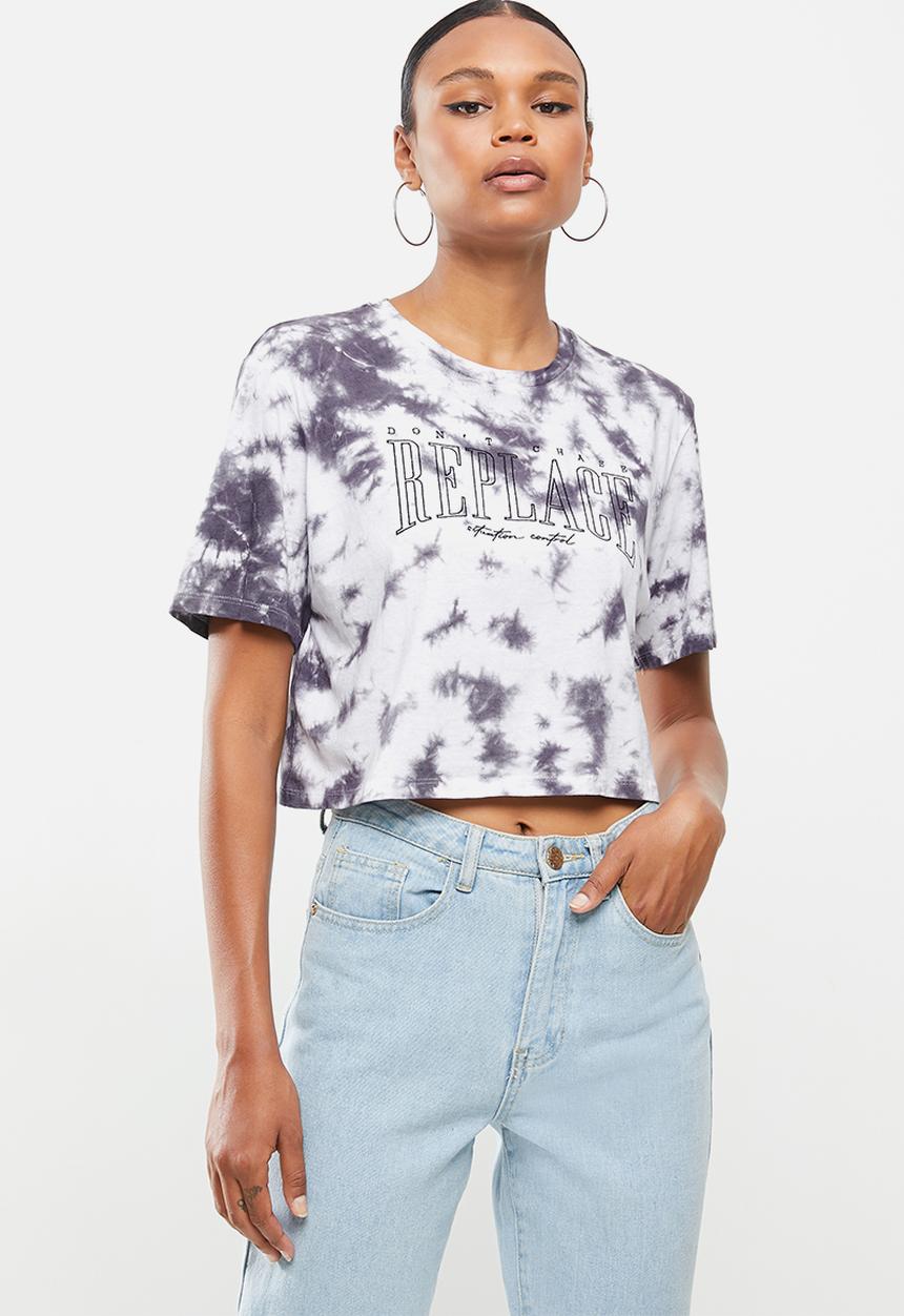 Factorie - Short sleeve crop graphic T-shirt - charcoal & white