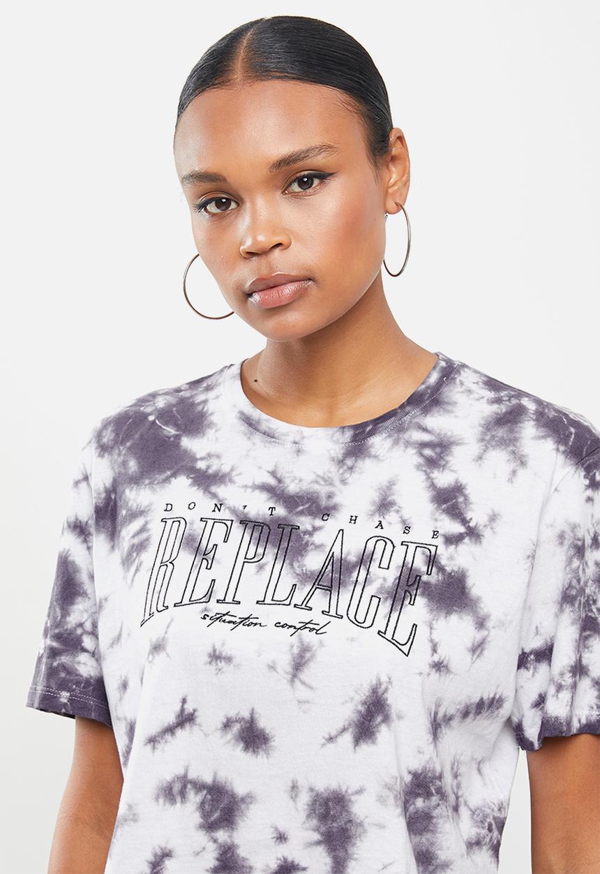 Factorie - Short sleeve crop graphic T-shirt - charcoal & white