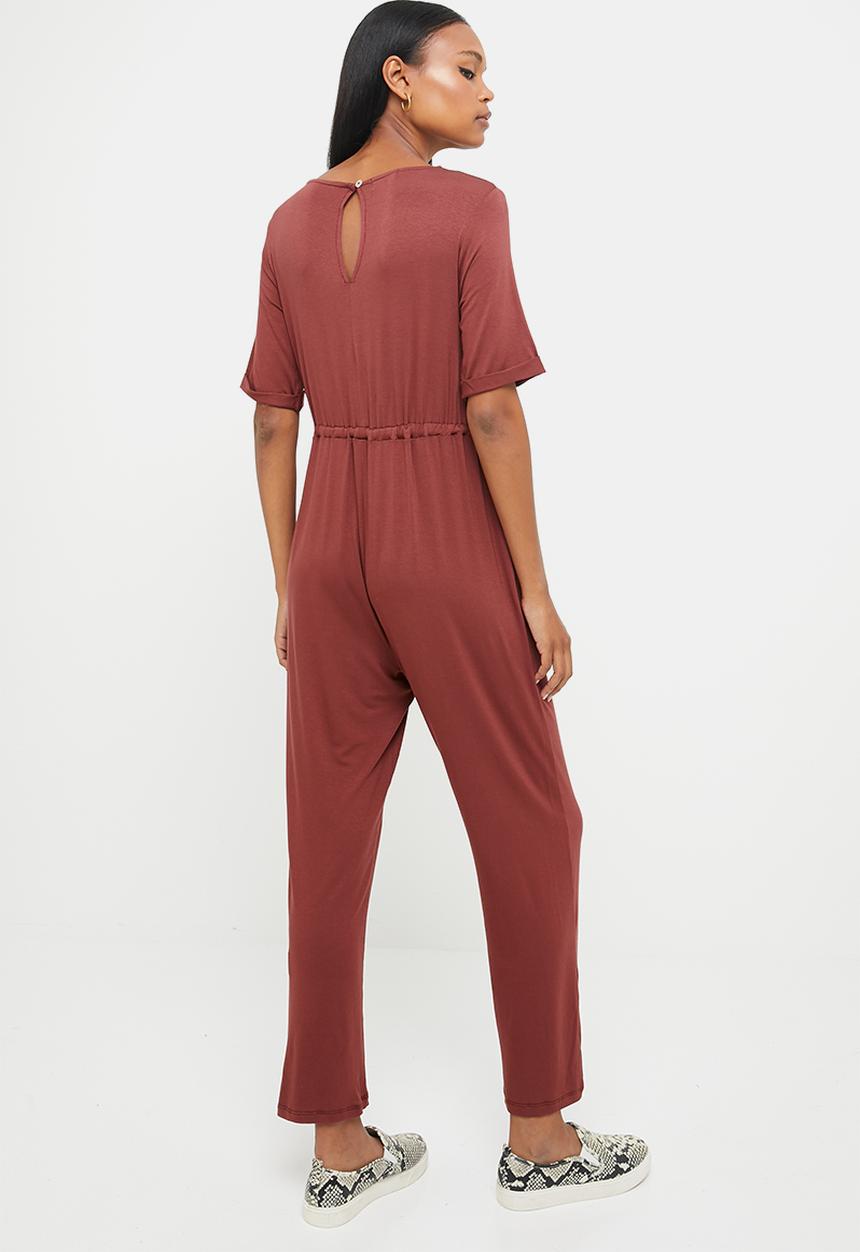edit - Round neck waisted jumpsuit - brick