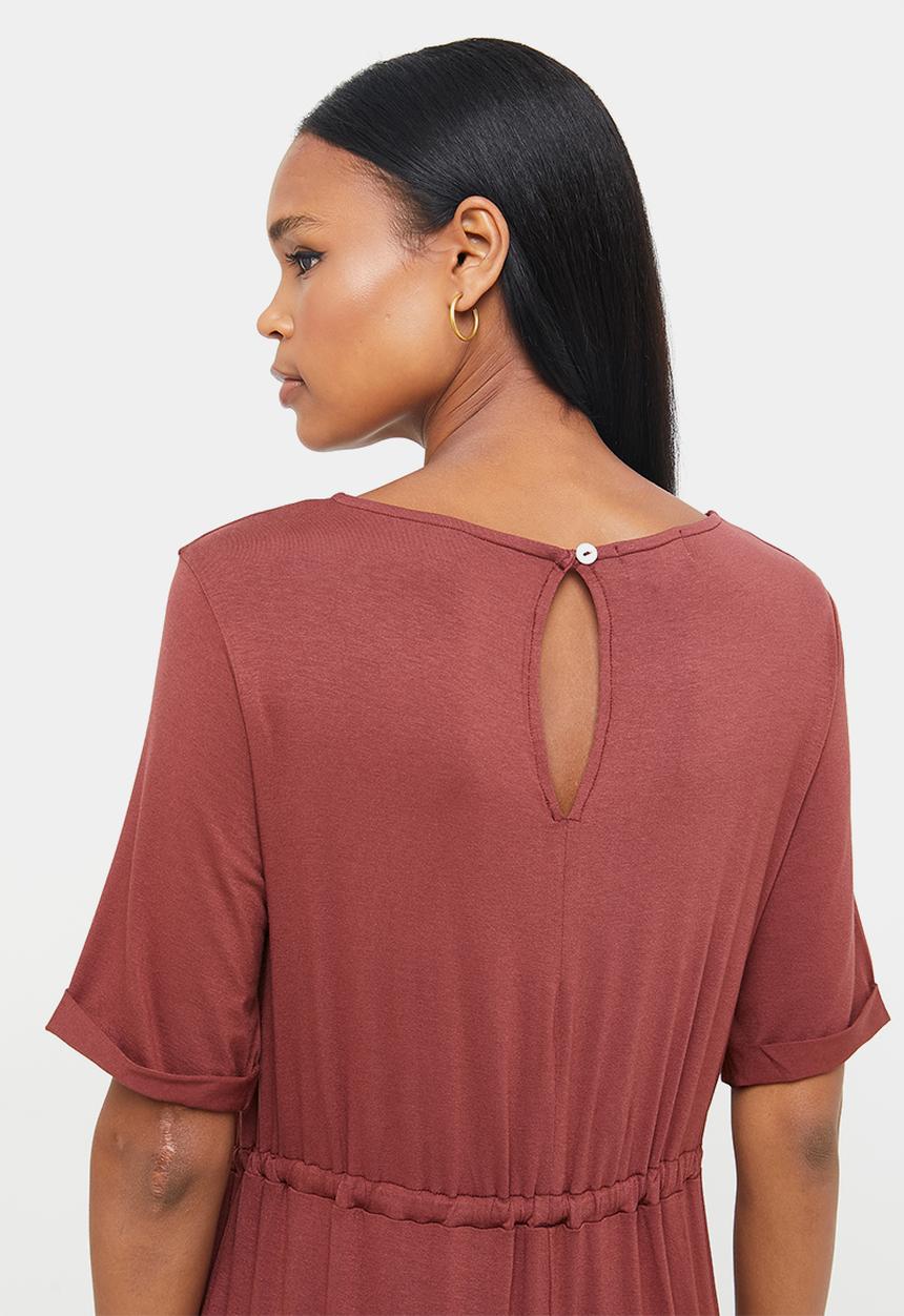 edit - Round neck waisted jumpsuit - brick