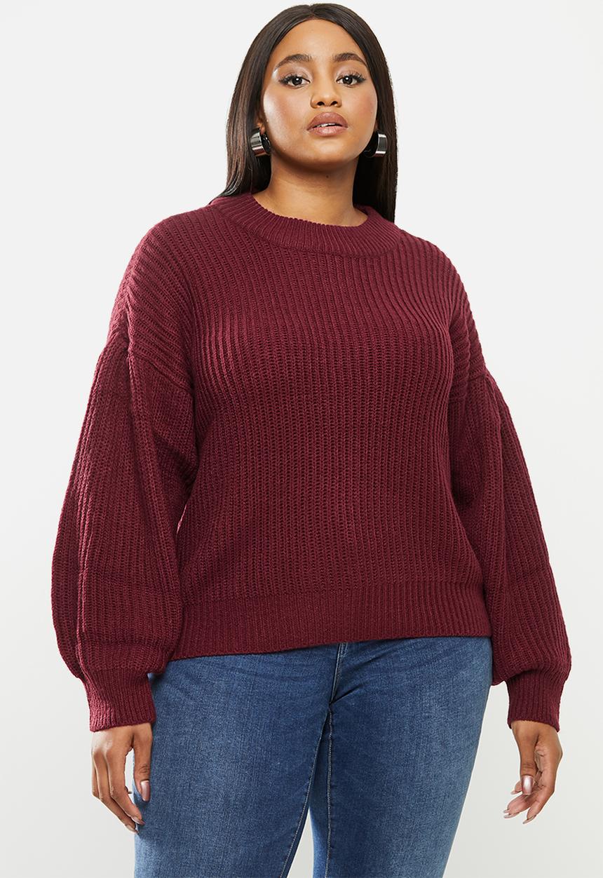 JUNAROSE - Curve long sleeve balloon o-neck blouse - burgundy 