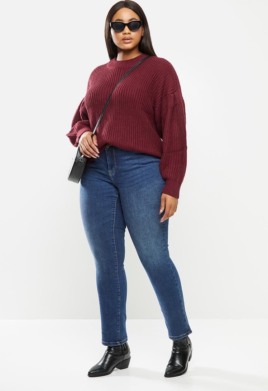 JUNAROSE - Curve long sleeve balloon o-neck blouse - burgundy 
