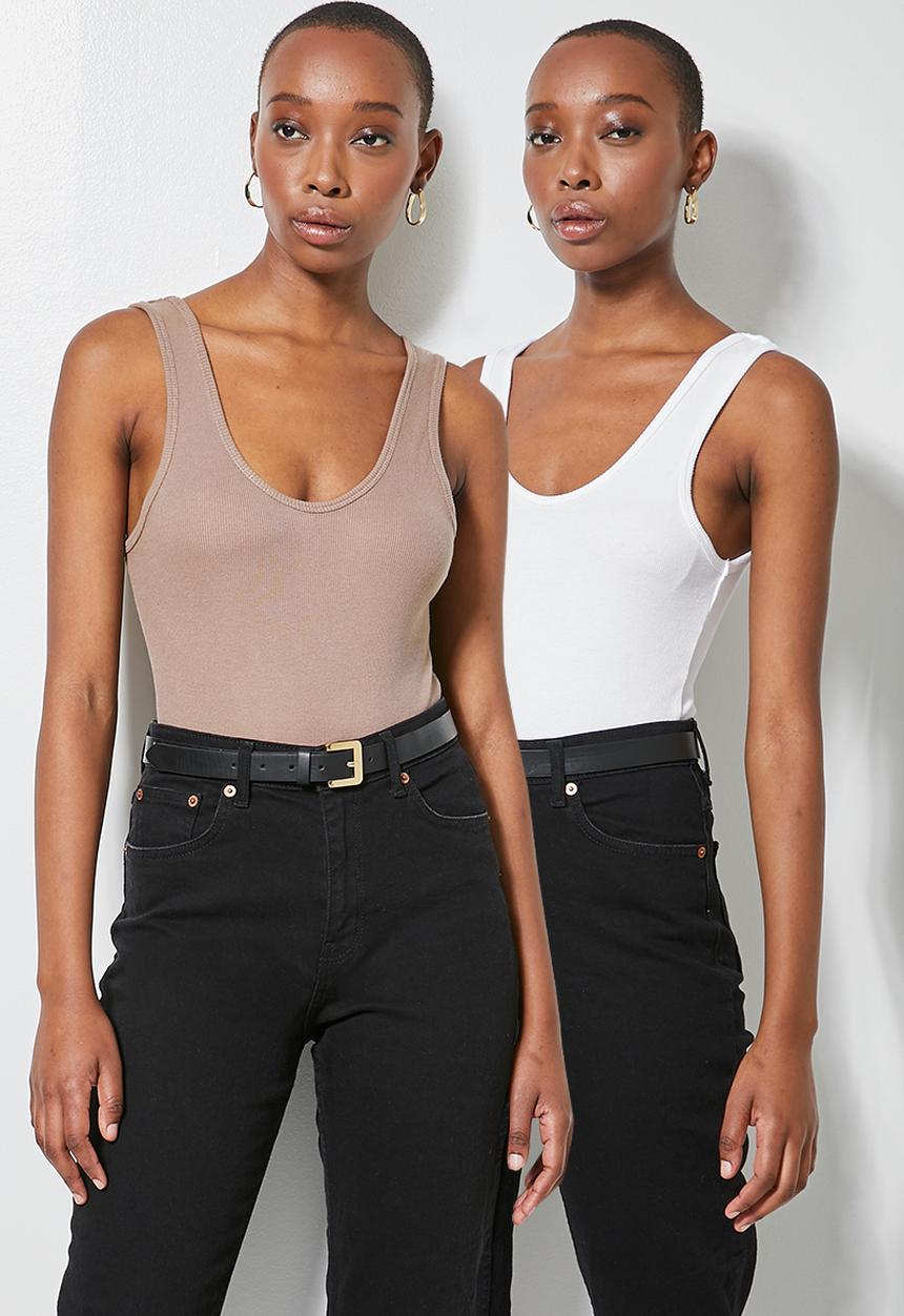 Superbalist - 2 Pack lycra rib low scoop bodysuit - white & mink