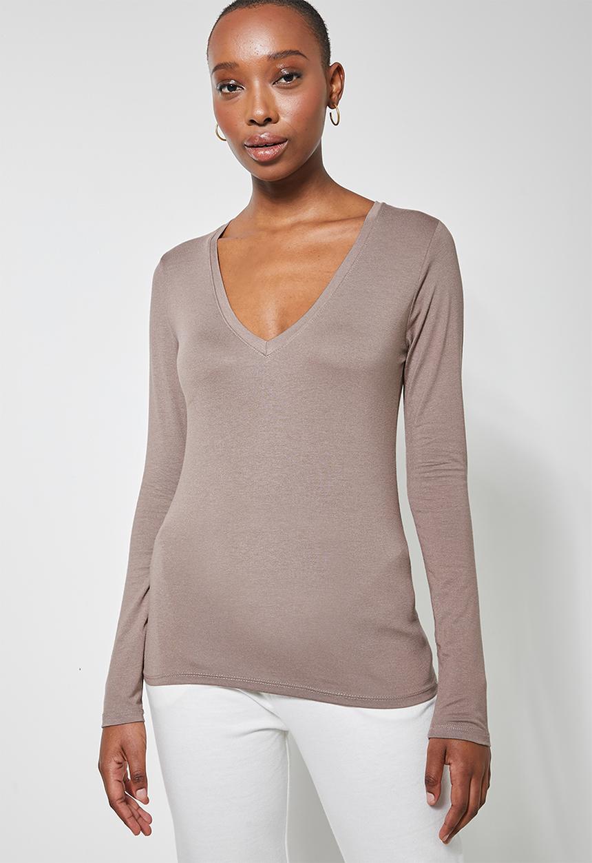 Superbalist - 2 Pack fitted viscose v-neck tee's - mocha & milk