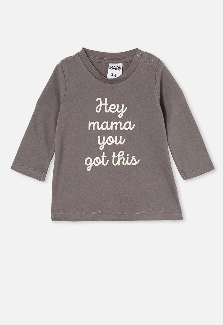 Cotton On - Jamie long sleeve tee - rabbit grey/hey mama you got this