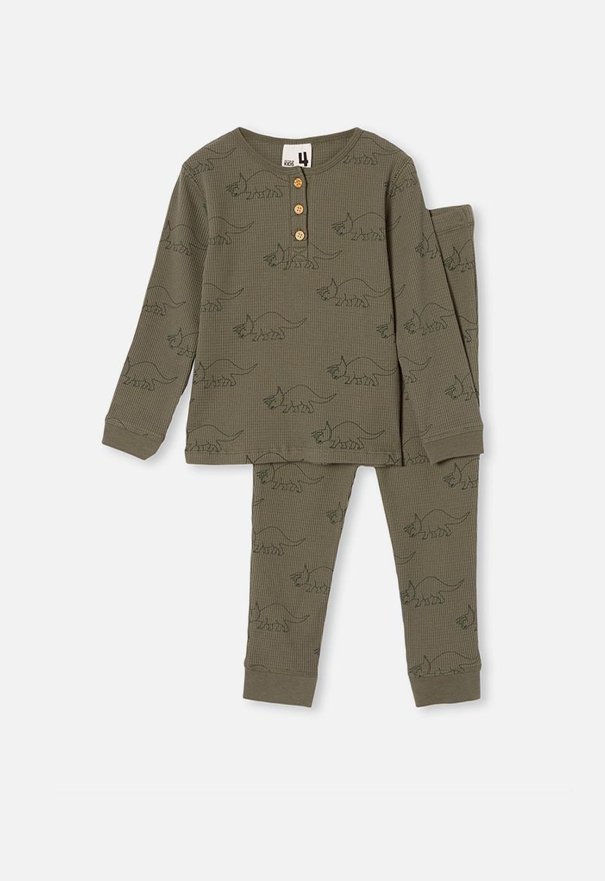 Cotton On - Ryan waffle long sleeve pyjama set - khaki green